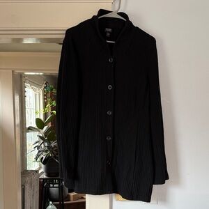 Eileen Fisher long waffle knit black sweater jacket